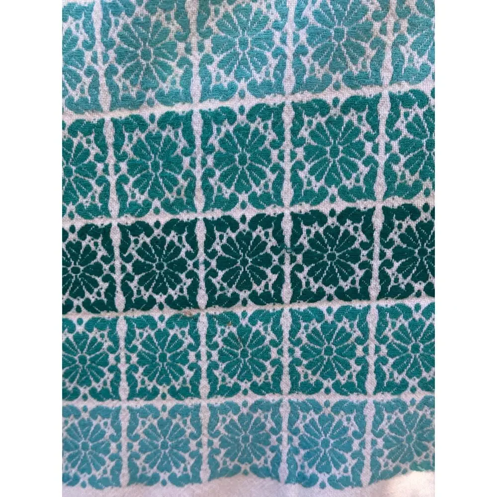 Vtg Teal White Woven Cotton Table Cloth 50X60 Geometric Stripe Mid Century Folk